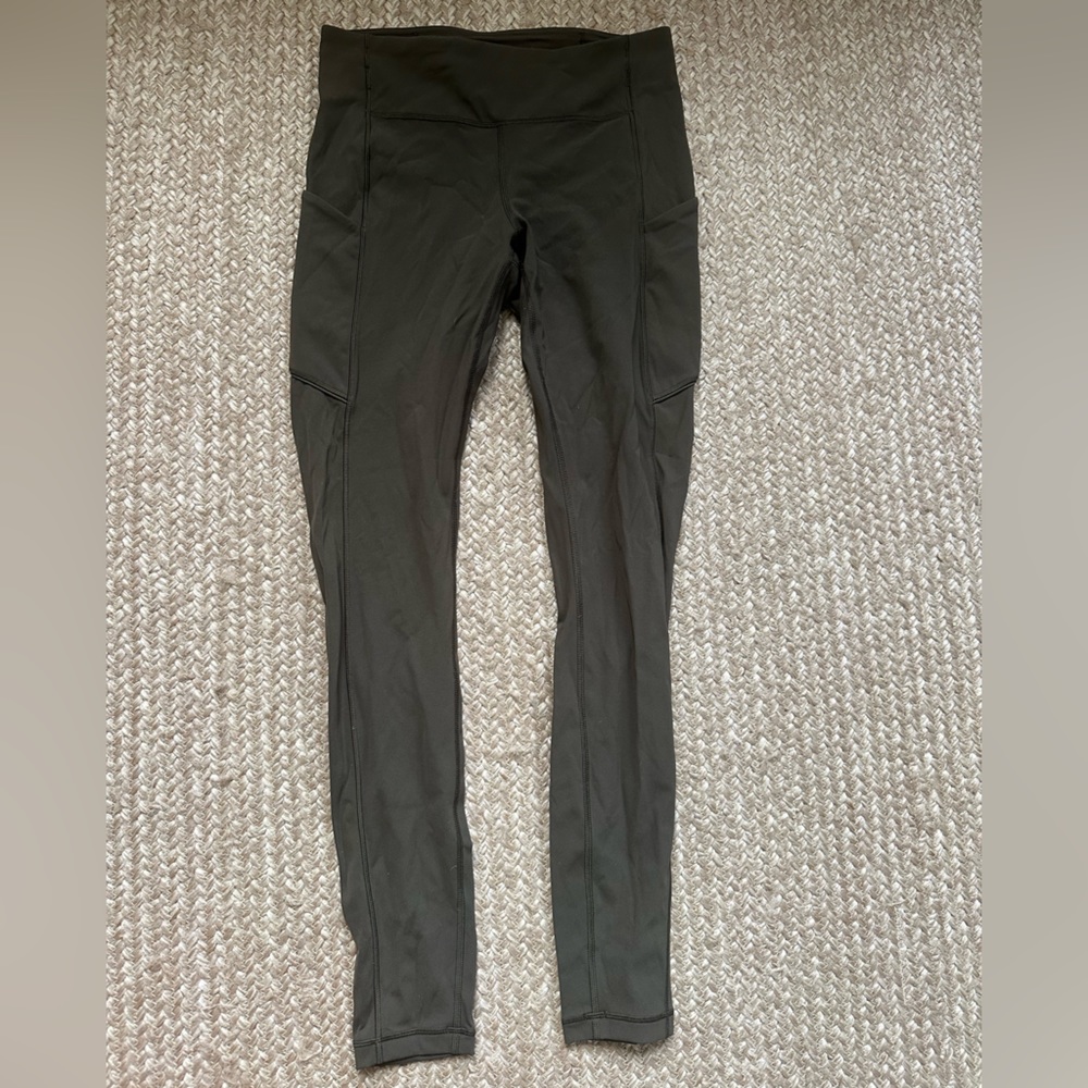 Army Green Lululemon wunder under 28” leggings with back zipper and size pockets